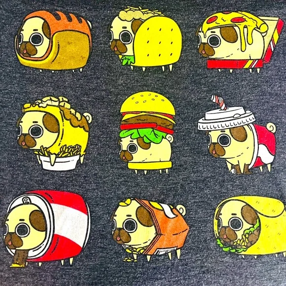 XL Dark Gray Mighty Fine Presents Puglia 9 Pugs as Junk Food T-shirt - Picture 1 of 3